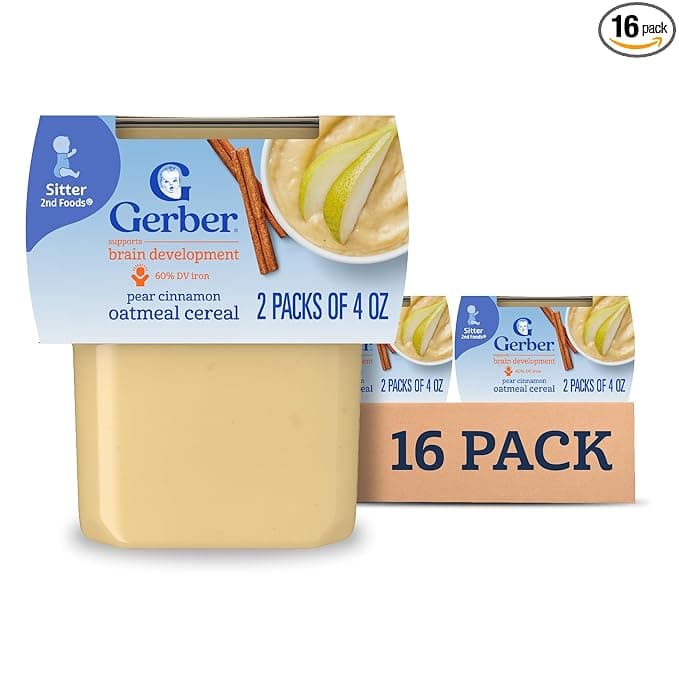 Gerber Stage 2 Baby Food, Pear Cinnamon Oatmeal Cereal Tubs, Iron Helps Support Brain Development, No Added Colors or Flavors, Baby Oatmeal, 16-Pack