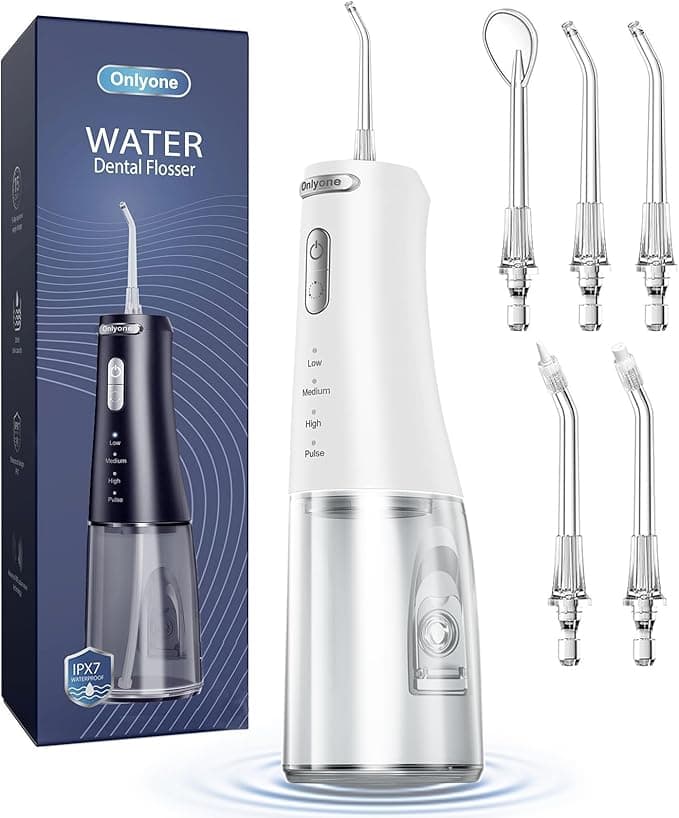 Onlyone Water Dental Flosser, 300ML Portable Oral Irrigator for Teeth, 4 Modes and 5 Jet Tips,Rechargeable Irrigation Cleaner,Electric Flossing Machine Power Flossers &amp; Irrigator Accessories White
