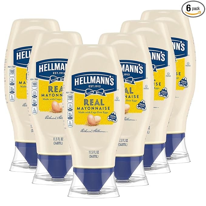 Hellmann&#x27;s Real Mayonnaise 6 count Real Mayo Squeeze Bottle For a Creamy Sandwich Spread or Condiment Gluten Free, Made With 100% Cage-Free Eggs 11.5 oz