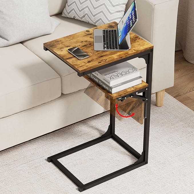 GOYLSER E Shaped Tv Trays for Eating On Couch, Wooden End Side Table for Eating, Dinner or Laptop, Small Space, Metal Corner Snack Couch Table, Rustic Brown