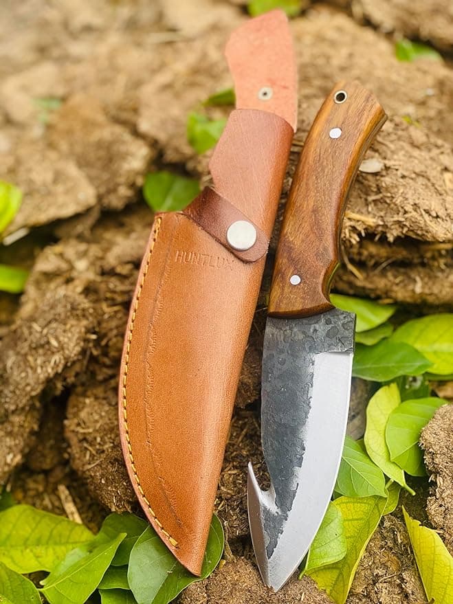 Stainless Steel Hunting Knife With Sheath - Hand Forged 10&quot; Gut Hook for Deer - Sharp Fixed Blade Skinning With Wood Handle - Full Tang Survival for Outdoor Camping, Gutting