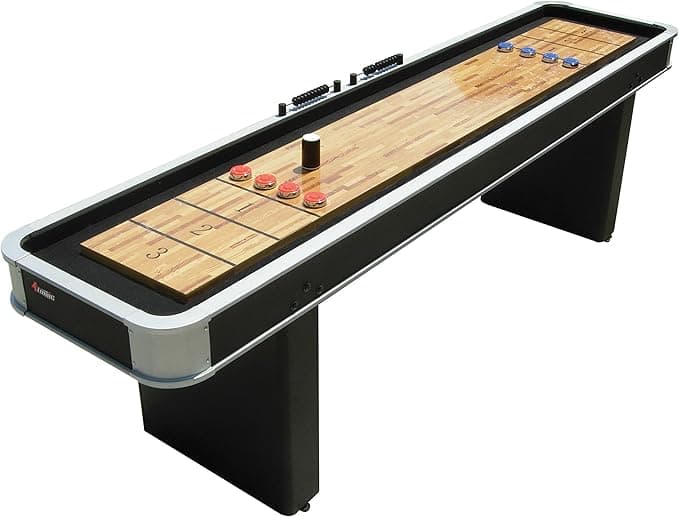Atomic 9’ LED Shuffleboard Tables with Poly-Coated Playing Surface for Smooth, Fast Puck Action and Pedestal Legs with Levelers for Optimum Stability and Level Play