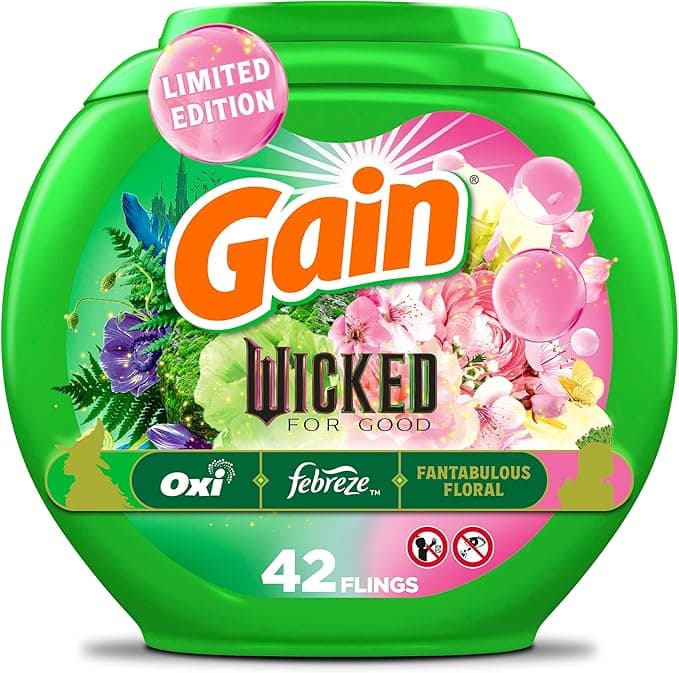 Gain Flings! &quot;Wicked: For Good&quot; Limited Edition Laundry Detergent Pacs, 42 Count, Fantabulous Floral Scent, 3 in 1 HE Detergent Pacs with Oxi Boost and Febreeze