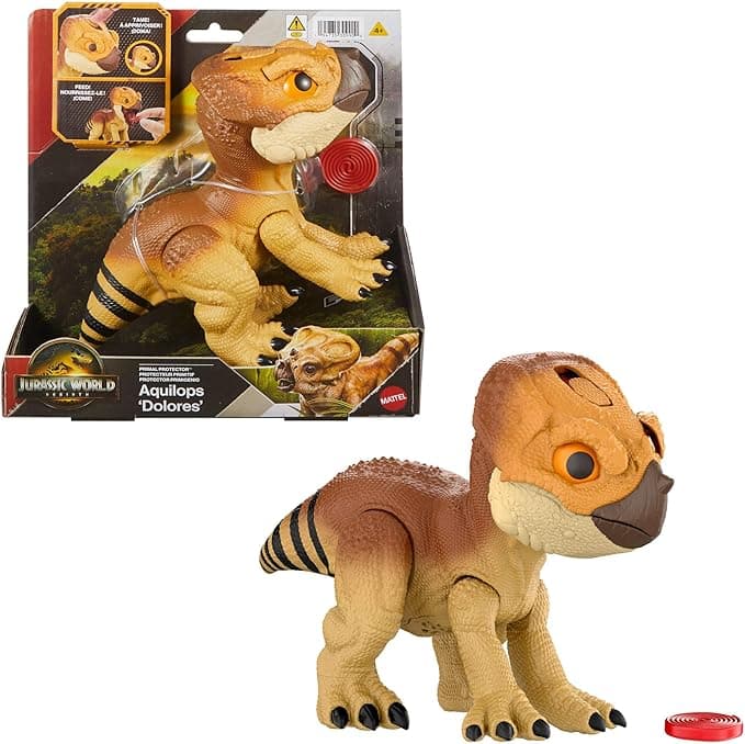 Mattel Jurassic World Rebirth Primal Protector Aquilops Dolores Interactive Dinosaur Toy with Attack Action &amp; Sounds, Pet-Style Electronic Figure with Food Accessory
