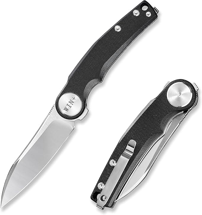 WIN+ Pocket Knife, Folding Knife with Clip, Tactical Knives with Ball Bearing and Liner Lock, D2 Small EDC Knife for Camping Survival Hunting 3618 (Black-G10)