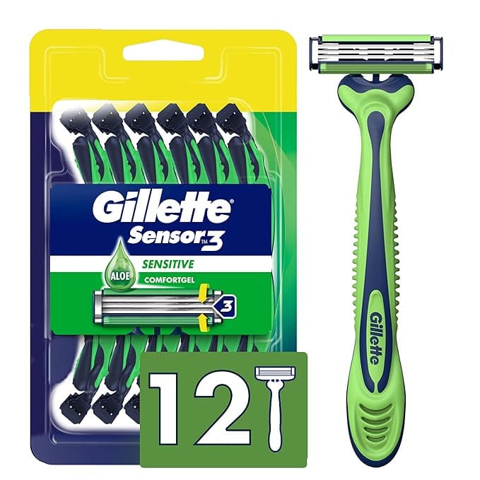 Gillette Sensor3 Sensitive Men&#x27;s Disposable Razor, 12 Razors