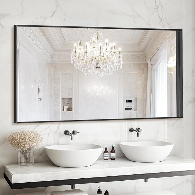 Black Bathroom Mirror 48x24 Inch, Rectangle Mirror with Metal Deep Frame, Wall Mirrors for Over Sink, Vanity, Bedroom, Bathroom, Hangs Horizontally or Vertically