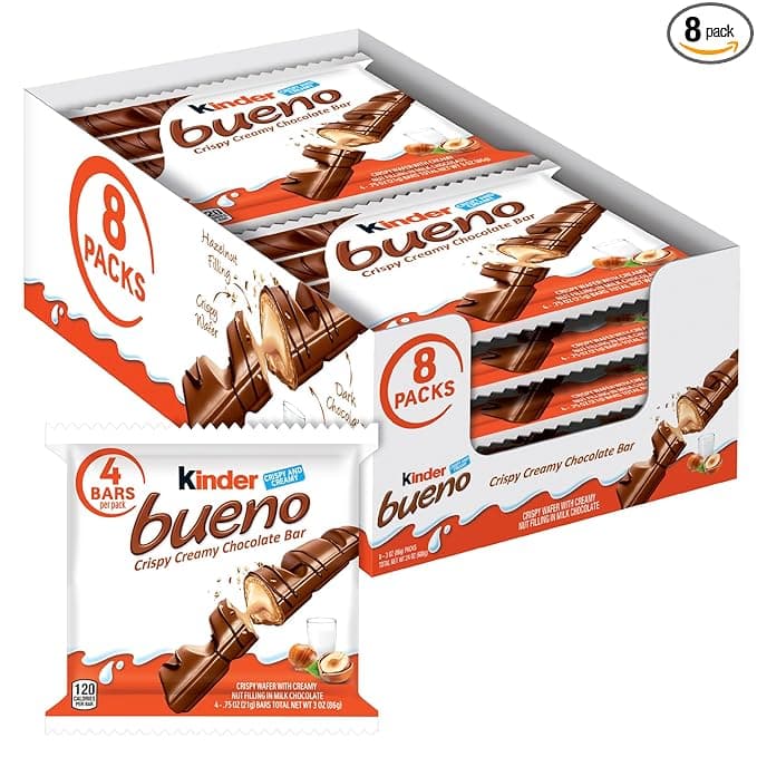 Kinder Bueno Milk Chocolate and Hazelnut Cream, Bulk 8 Pack, 4 Bars Per Pack, Individually Wrapped Chocolate Bars, 3 oz Each