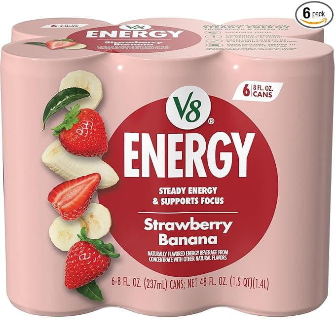 V8 +ENERGY Strawberry Banana Energy Drink, Made with Real Vegetable and Fruit Juices, 8 FL OZ Can (Pack of 6)