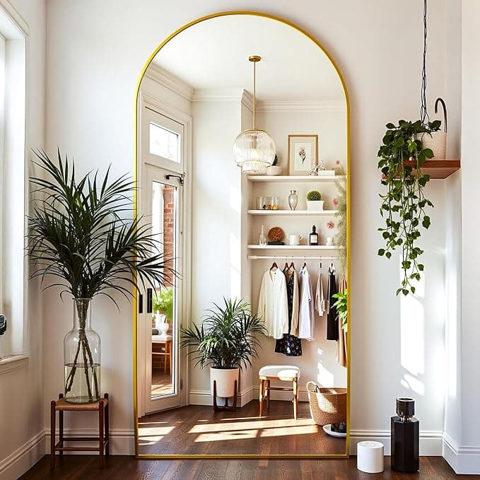 Floor Mirror, 76&quot;x34&quot; Oversized Full Length Mirror with Stand, Arched Full Body Mirror Standing Hanging Leaning Against Wall, Aluminum Frame Giant Mirrors for Bedroom Cloakroom, Gold