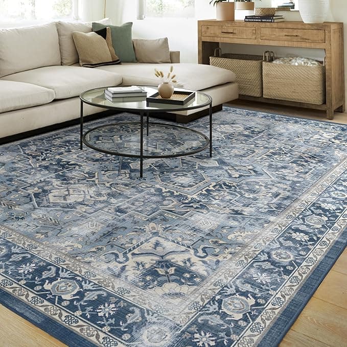 RUGGABLE Washable Area Rug – Kamran Admiral Blue 9x12, Stain-Resistant, Non-Slip – Large Machine Washable Rugs for Living Room, Bedroom, Hallway, Entryway &amp; Office–with Cushioned Pad