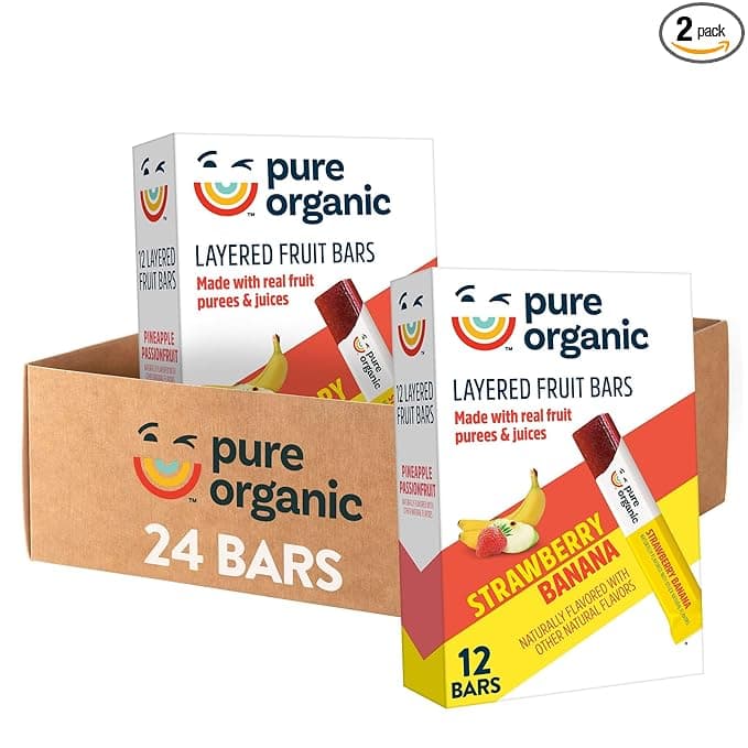 Pure Organic Layered Fruit Bars, Gluten Free, Vegan Fruit Snacks, Strawberry Banana (2 Boxes, 24 Bars)